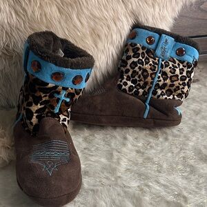 Blazin Roxx Leopard & Turquoise Sequin Gem Fur-Lined Boots – Size 9/10